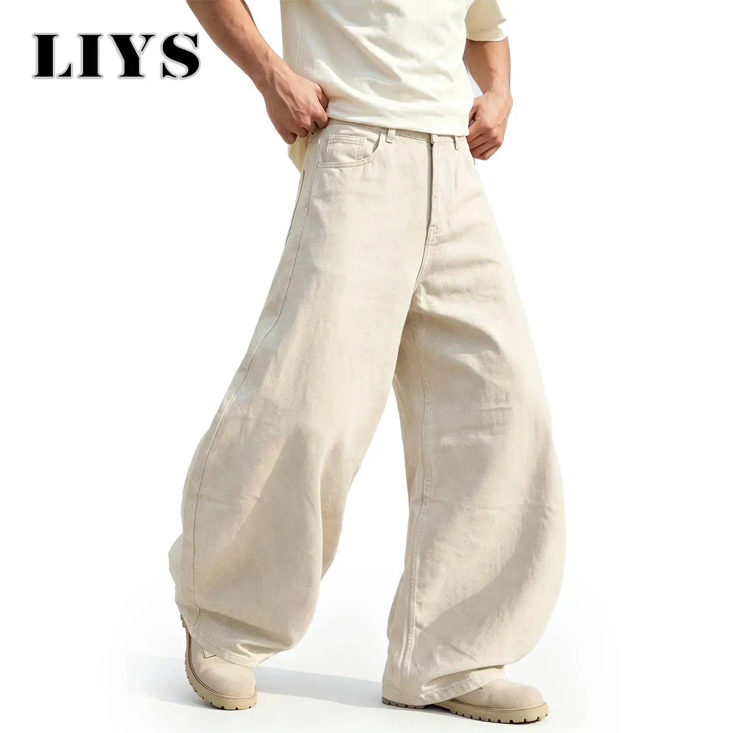 Men's American Beige Loose Wide Leg Jeans High Waisted Streetwear Hip-Hop Fashion Loose Denim Pants Y2K Retro Casual Pants — image 5