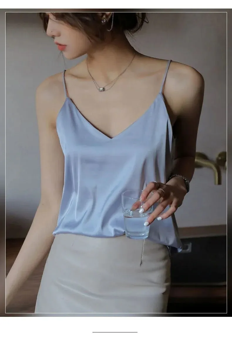 Women Halter V Neck Basic White Cami Spaghetti Strap Top Sleeveless Satin Silk 2026 Tank Tops Women'S Summer Camisole — image 7