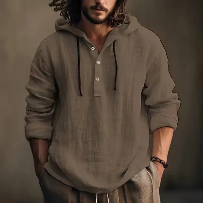 2025 New Men's Casual Blouse Cotton Linen Shirt Maluwag na Mga Nangungunang Long Sleeve Tee Shirt Spring Autumn Casual Men's Shirt Hoodie — image 7