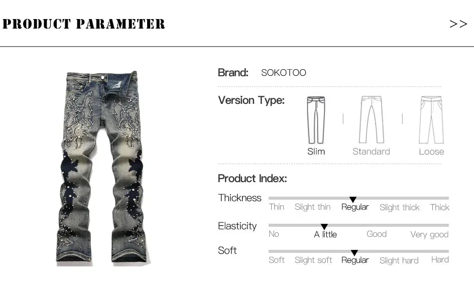 Men's Pearl Boot Cut Denim Jeans Embroidery Patch Slim Flared Pants Casual Streetwear Vintage Blue Trousers — image 7