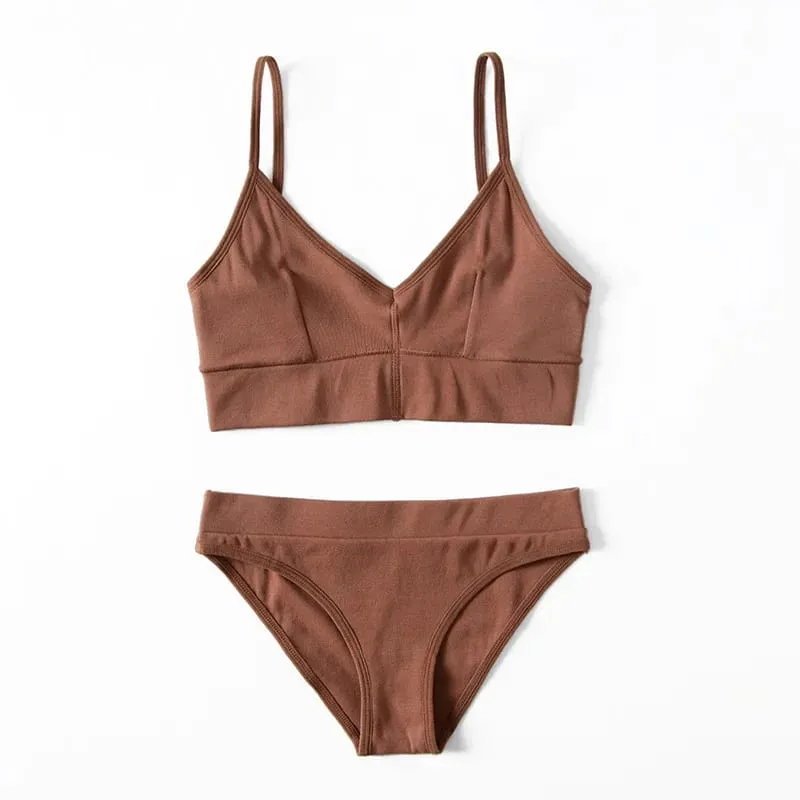 Solid Color Ribbed Wireless Bralette Set Women's Thin Strap Camisole Bra with Triangle Briefs Lingerie — image 6