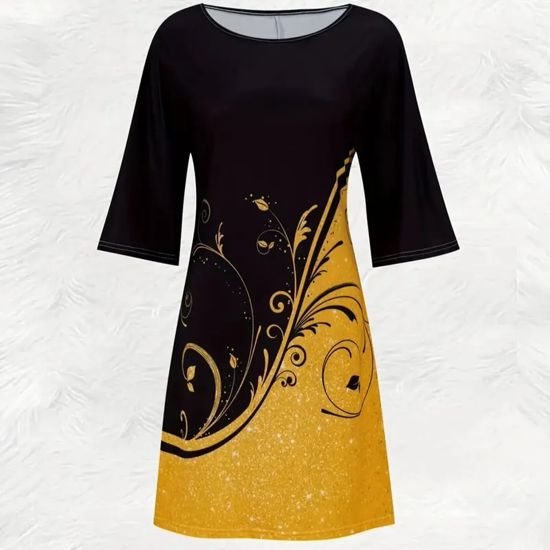 Printed Design black and gold short-sleeved T-shirt dress