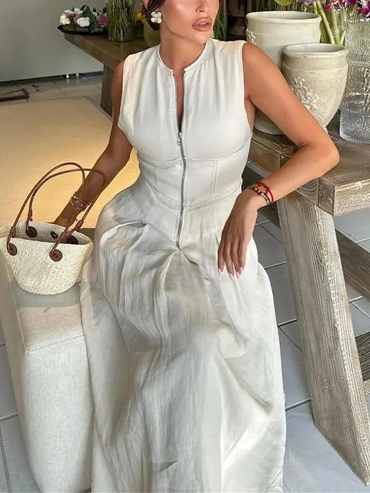 Dragkedja Lång Klänning Kvinna Plisserad Ärmlös Bodycon Klänning Sommar Eleganta Festklänningar För Kvinnor 2025 Nya Midiklänningar