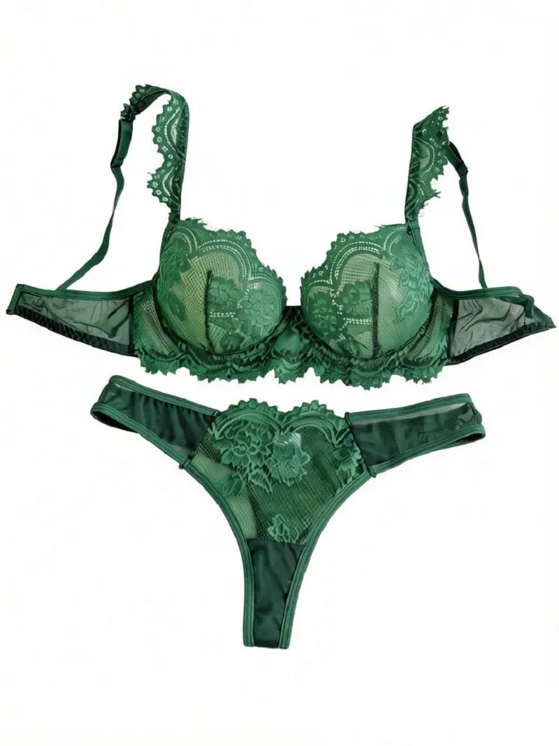 Sexy vintage verde cílios renda lingerie conjunto senhoras pura malha underwire sutiã tanga roupa de noite 2 peças s‑xl — image 2