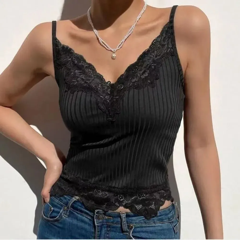 Y2K Sleeveless Lace Tank Top for Women Sexy Lace Trim Crop Tops Slim Fit V-Neck Basic Camisole Summer