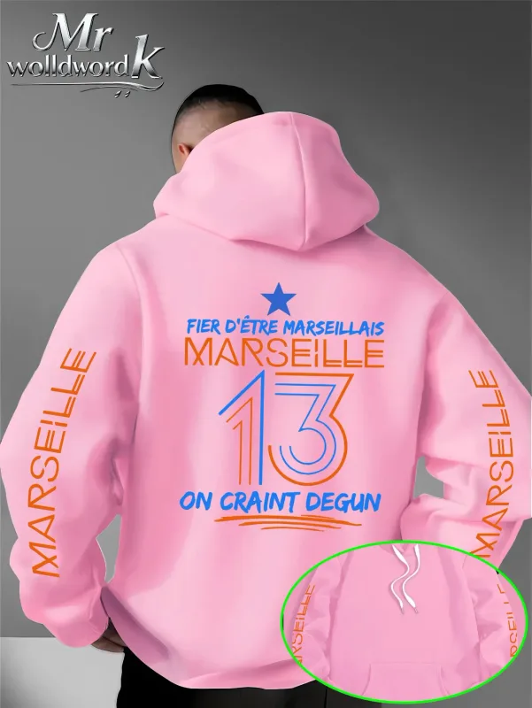 Män Marseille 13 City Graphic Hoodie Multi-Print Sleeve Back Letter Hooded Sweatshirt Höst Vinter Fleece Lös Hoodie — image 8