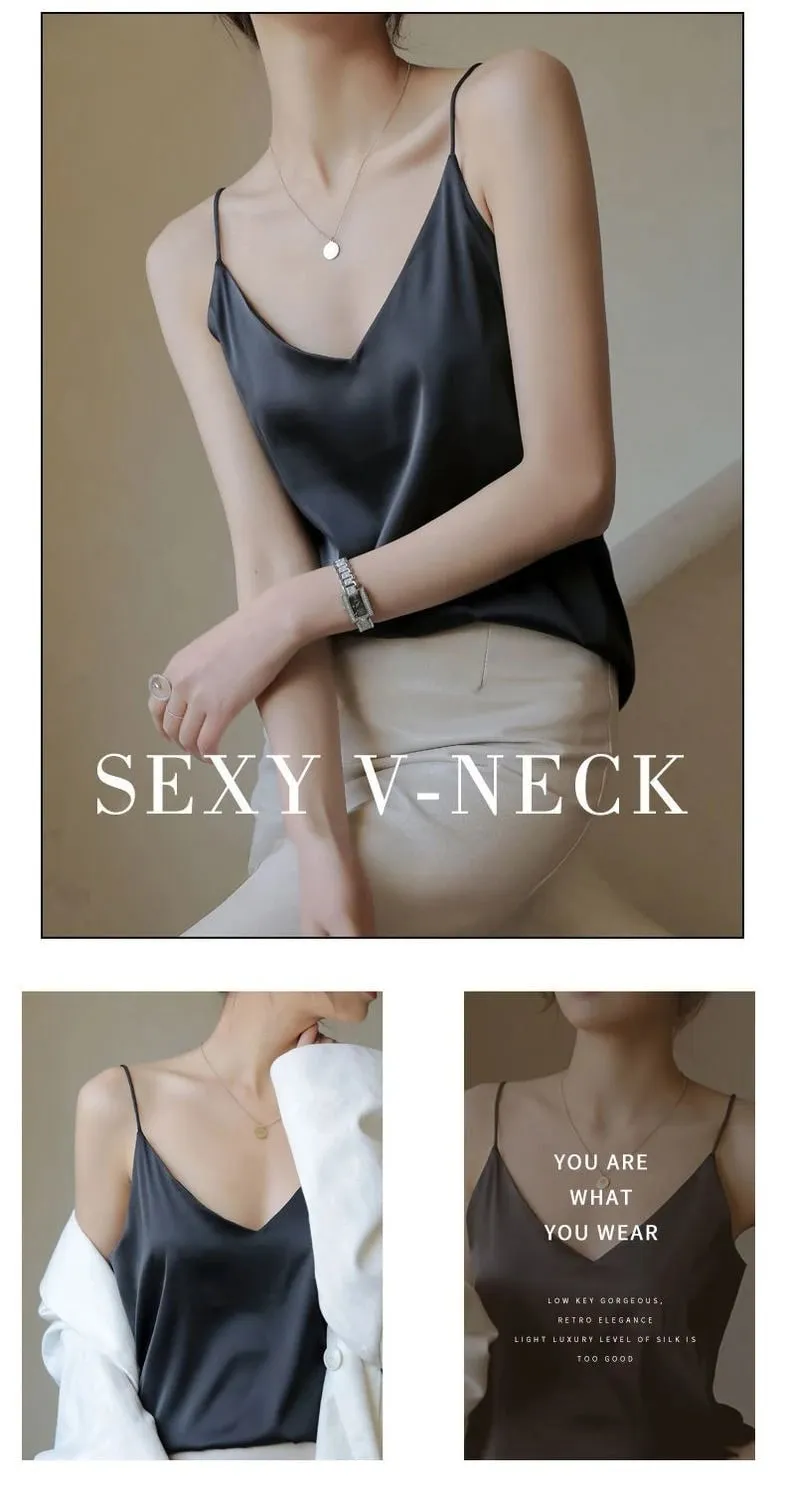 Women Halter V Neck Basic White Cami Spaghetti Strap Top Sleeveless Satin Silk 2026 Tank Tops Women'S Summer Camisole — image 6