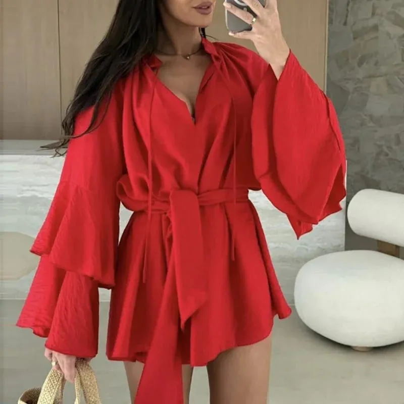 Vår Sommar Volang Lös miniklänning Fritidsdaglig utsvängd ärm Semesterklänningar Sexiga djup V-ringad spetsar Solid damklänning Vestidos — image 6