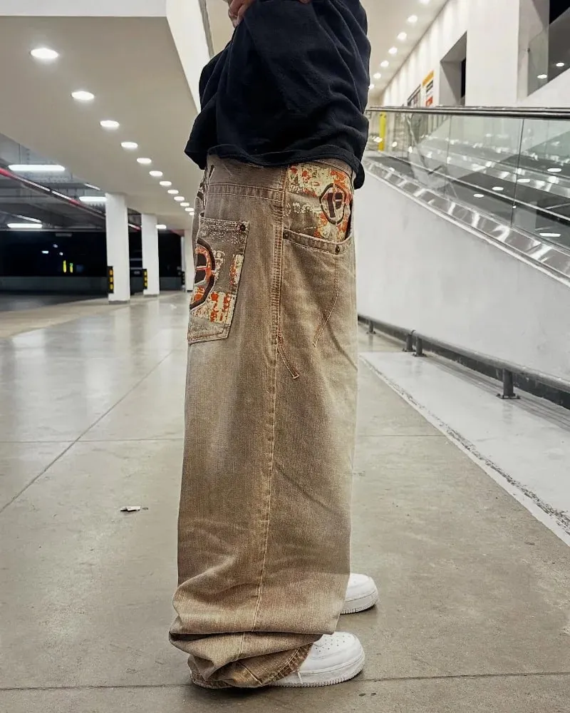 Y2K American Fashion New Oversize Letter Embroidered Yellow Washed Baggy Jeans Men Vintage Gothic Popular Casual Wide-leg Pants