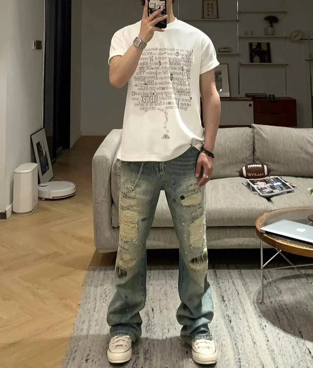 Men's Jeans High Street Vintage Distressed Ripped Faded Man Pants Blue Straight Denim Trousers Embroidery Design Bootcut