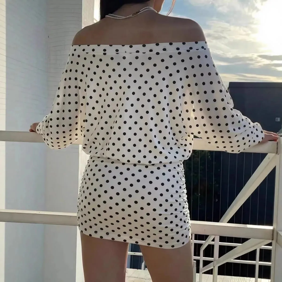 Polka Dot Off Shoulder Mini Dress Batwing Long Sleeve Drawstring Ruched Bodycon Short Dresses — image 5