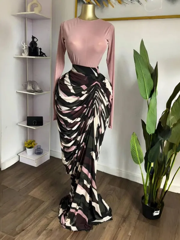 yaya feminino tie dye listrado retalhos empilhados ruched bodycon midi maxi vestido longo outono inverno educação férias vestidos de baile