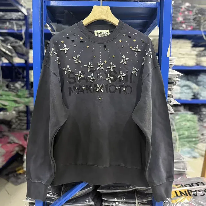 Letters Logo Rhinestone Rivet Satoshi Nakamoto Sweatshirts Men Women Streetwear Vintage Washed Charcoal Gray Green Pullovers Tag — image 21