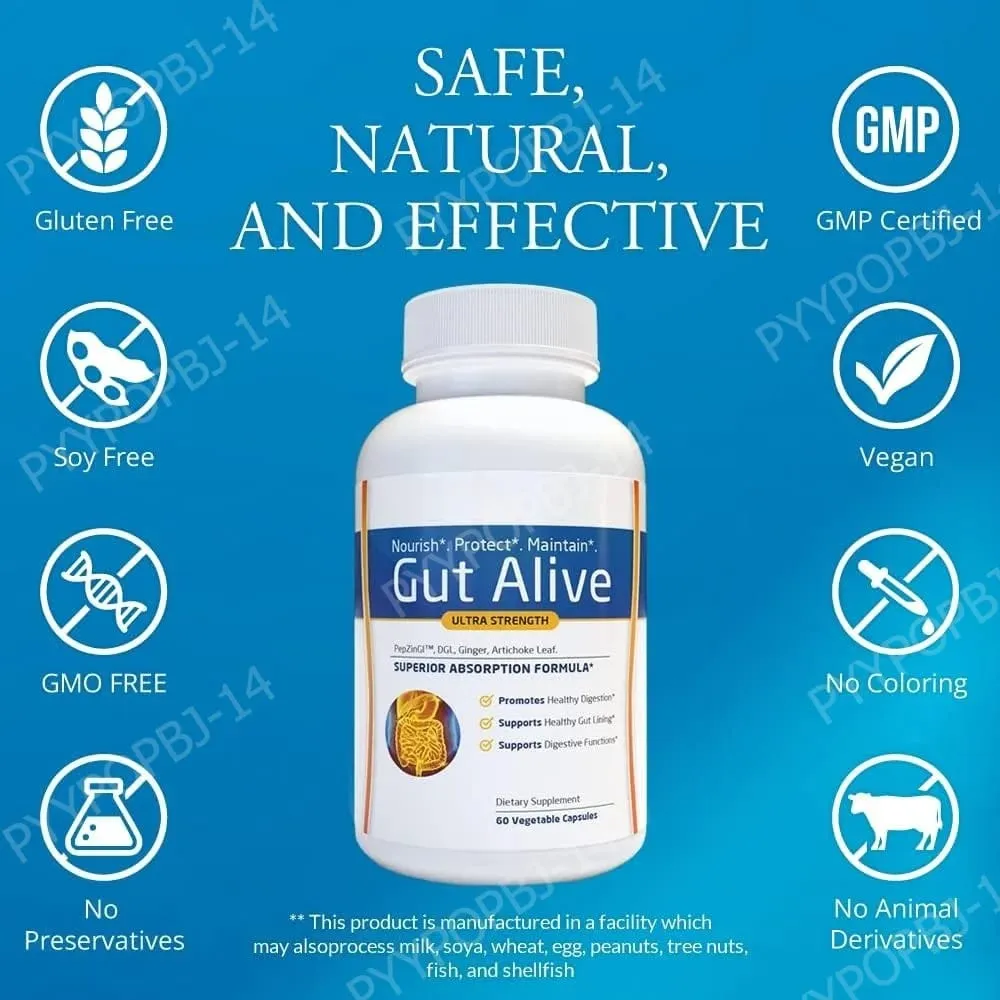 Gut Alive - All Natural Support to Fight IBS Heartburn Acid Indigestion Acid Reflux Bloating & Gas Unique Formulation 60 Count — image 5