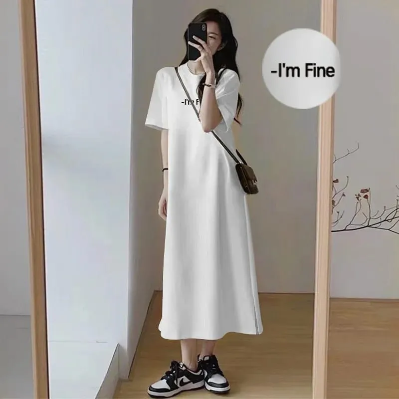 Women Korean Loose T-shirt Dress Summer Letter Print Split Midi Dress O Neck Short Sleeve Casual Lazy Long Dress — image 2