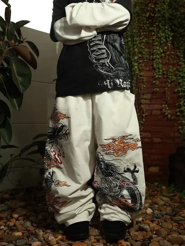 New White Jeans Y2K Dragon Pattern Mens American High Street Retro Korean Straight Pants Harajuku Hip-Hop Couple Wide Pants — image 2