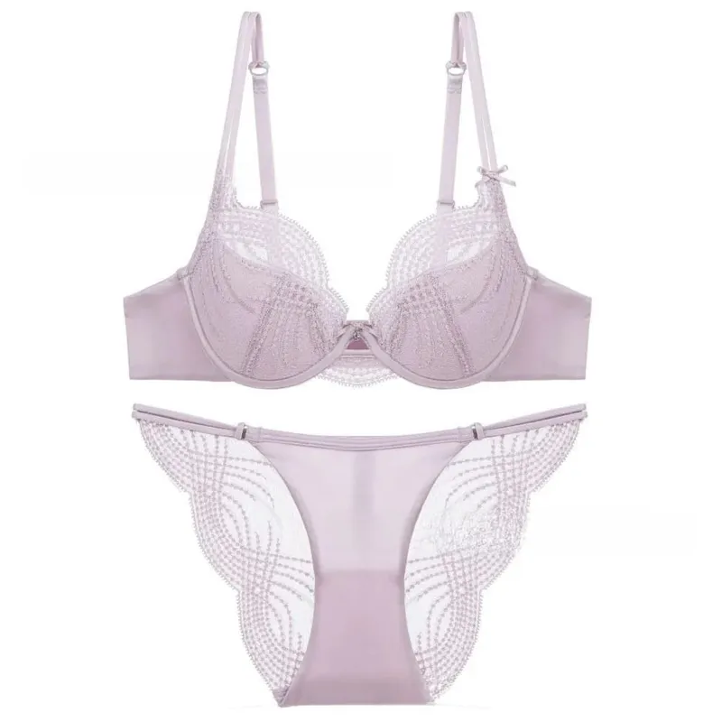 Hollow Thin Cup Women Lingerie Set Seamless French Style Lace Embroidery Lingerie Silk Satin Sexy Underwear Women Intimates