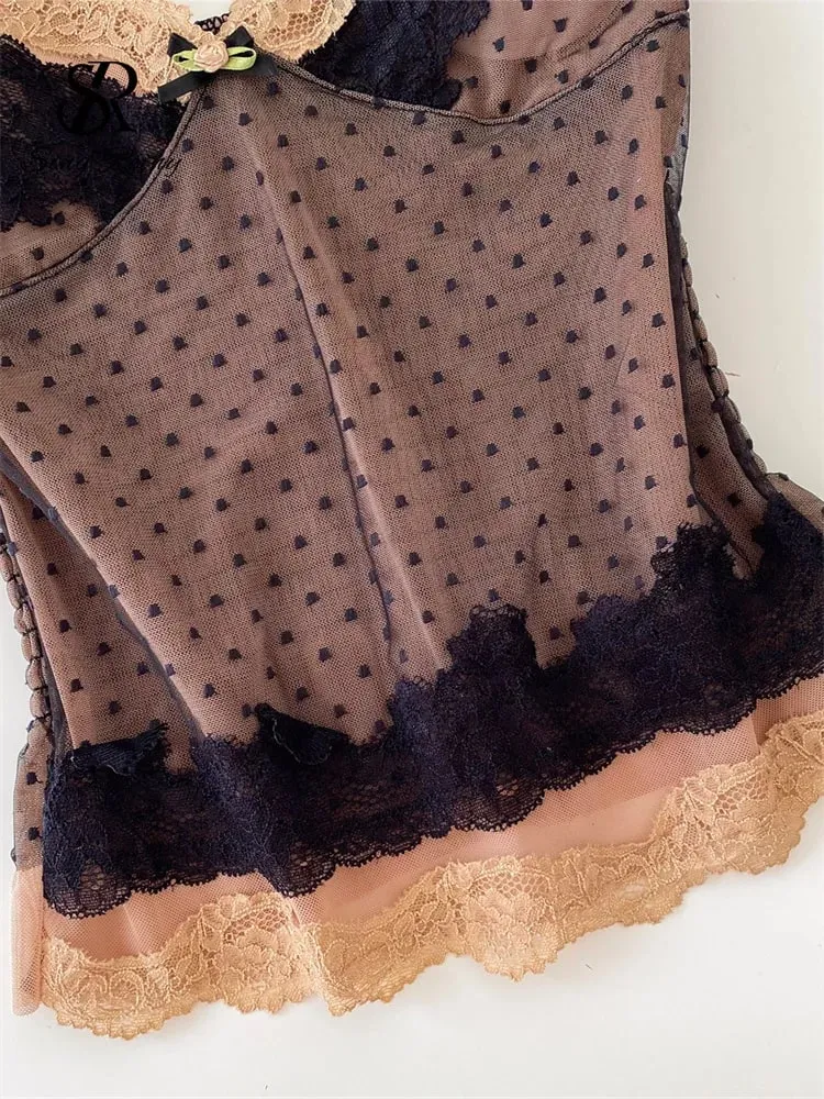 Polka Dot Mesh Lace Top French V Neck Shirred Stretchy Slim Backless Female Tank Top Summer Y2K Sensual Lazy Camisole — image 6