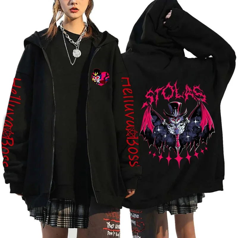 Helluva Boss Print Hooded Zipper Lalaki Babae Kaswal Fashion Taglagas Taglamig Warm Vintage Long Sleeve Tops Fleece Zip-Up Sweatshirt — image 4