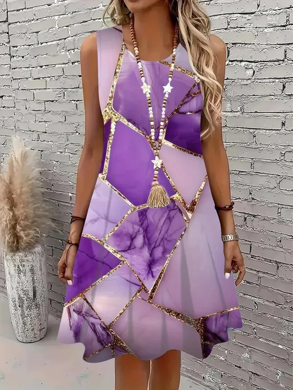 2026 Summer Women's Sleeveless Dresses Knee-Length Round-Neck Dresses Beachy Casual Dresses 3D-Printed Loose-Fitting Dresses