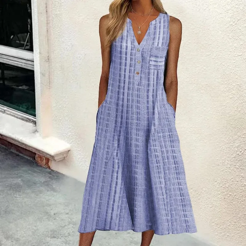 Summer New Women's Dresses V-Neck Sleeveless Button Loose Striped Print With Pocket Casual Beach Dresses — image 5
