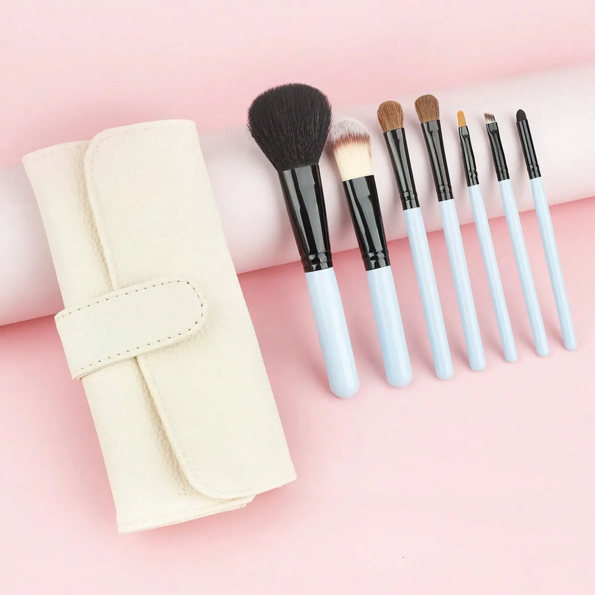7 Pcs Pink Makeup Brush Set With Leather Case Foundation Blush Eyeshadow Brushes Portable Cosmetic Make‑up Tools Kit — image 1