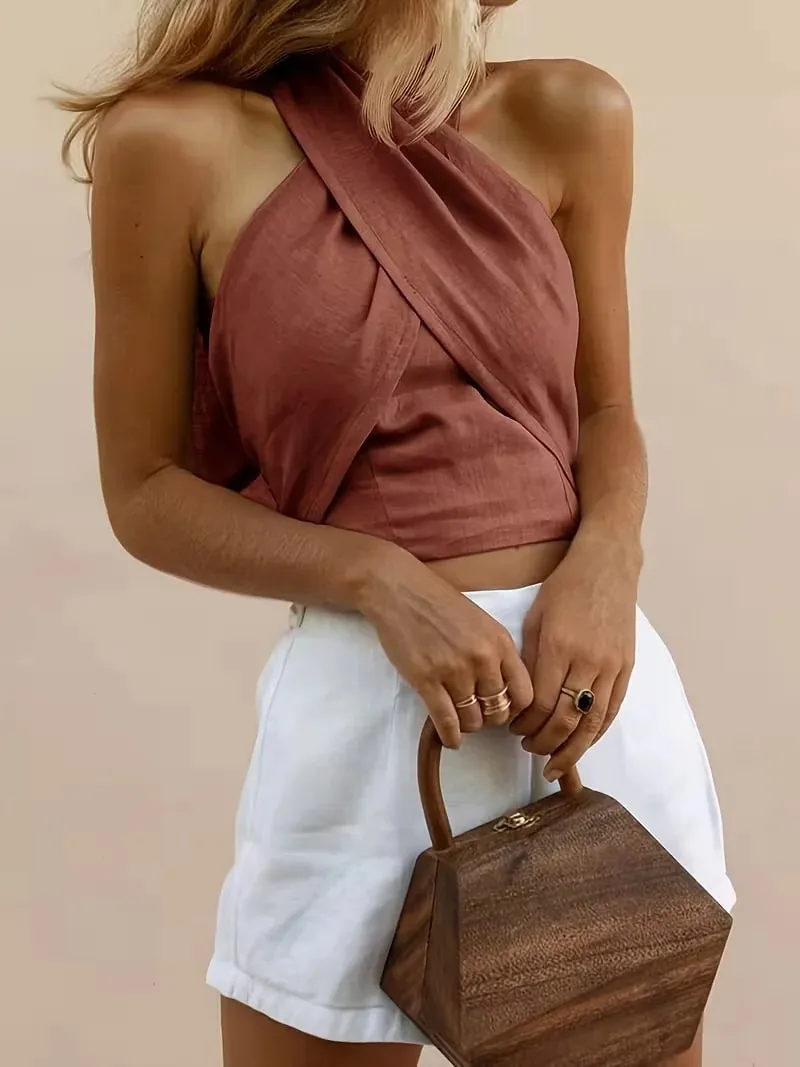 Cropped Top Women's Solid-Colored Cropped Cross-Back Top