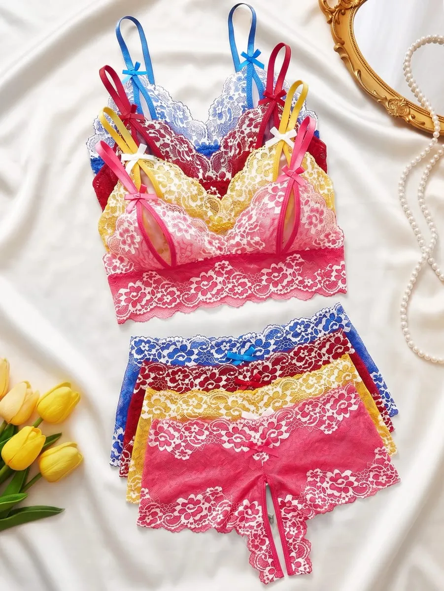 4 Pack Women's Floral Lace Lingerie Set Sexy Bra and Panty Set Wirefree Bralette Underwear Bow Spaghetti Strap Sleepwear 2026 — image 3