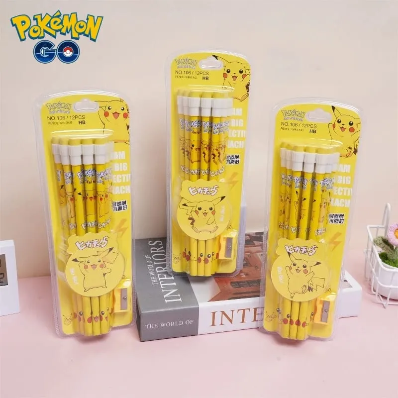 12pcs pokemon pencil with Eraser Pencil Sharpener cute pikachu Anime Figure School Supplies Office Stationery Kawaii Tools Gifts — image 1