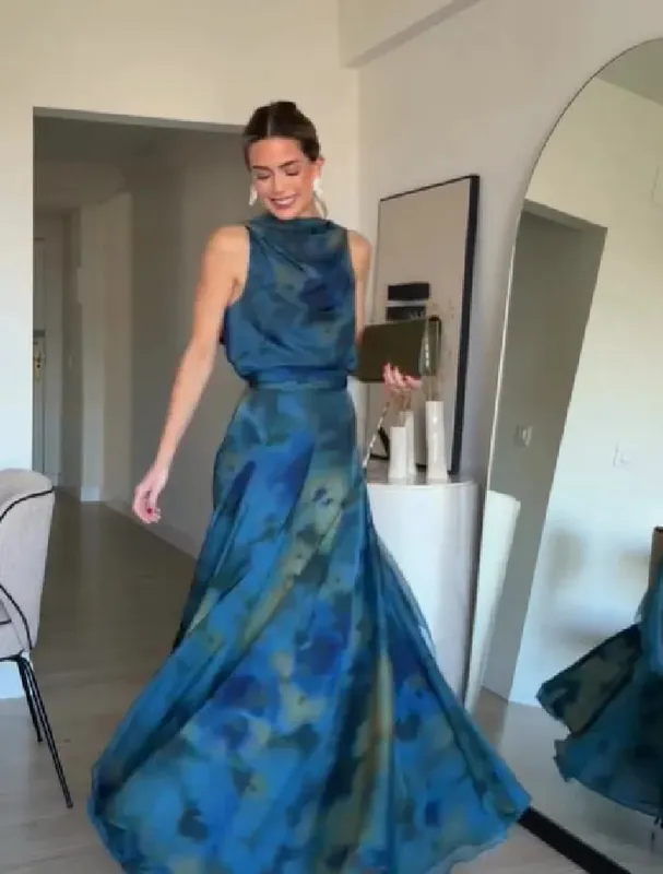 Pambabaeng Elegant Asul na Watercolor Print Maxi Dress Walang Manggas Cowl Neck Satin Formal Evening Gown A-line Floor Length Party Dress — image 8