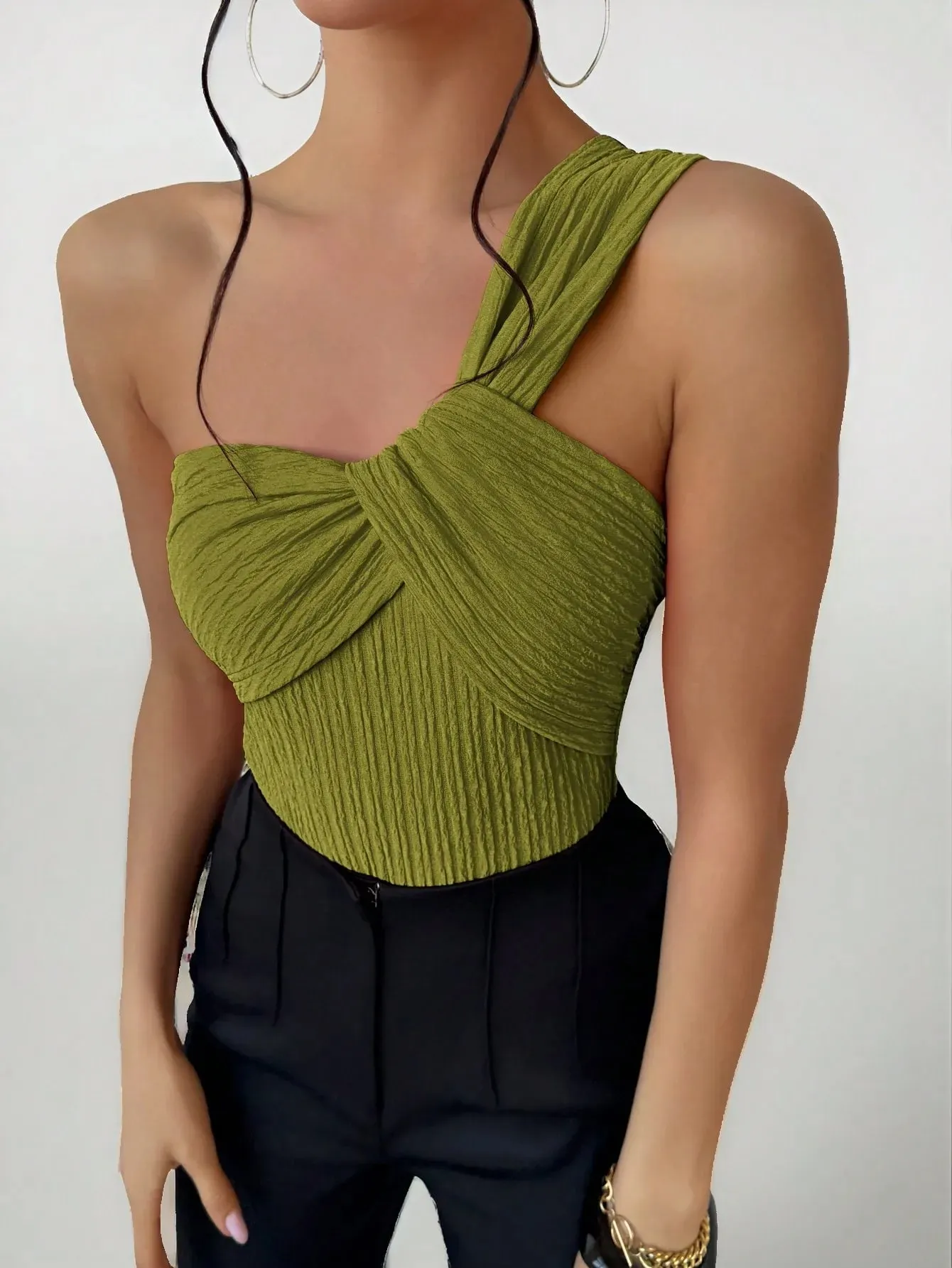 Women One Shoulder Twist Bodysuit Textured Crinkle Fabric Sleeveless Slim Fit Party Club Jumpsuit Top Green — image 5