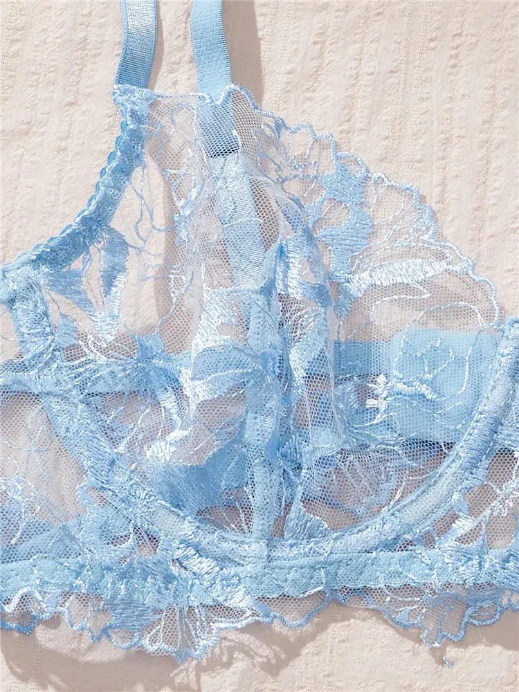 Transparent Underwear Thong New Fashion Sexy Lingerie Set Embroidery Romantic Bra Brief Set Lace See Through Blue Exotic Sets — image 4