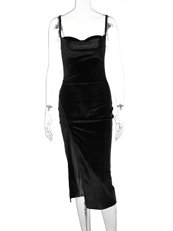 Hugcitar Velvet Swing Collar Walang manggas na Slip Sexy Slit Maxi Dress 2025 Bagong Fashion Evening Party Women Elegant Streetwear Y2K — image 6