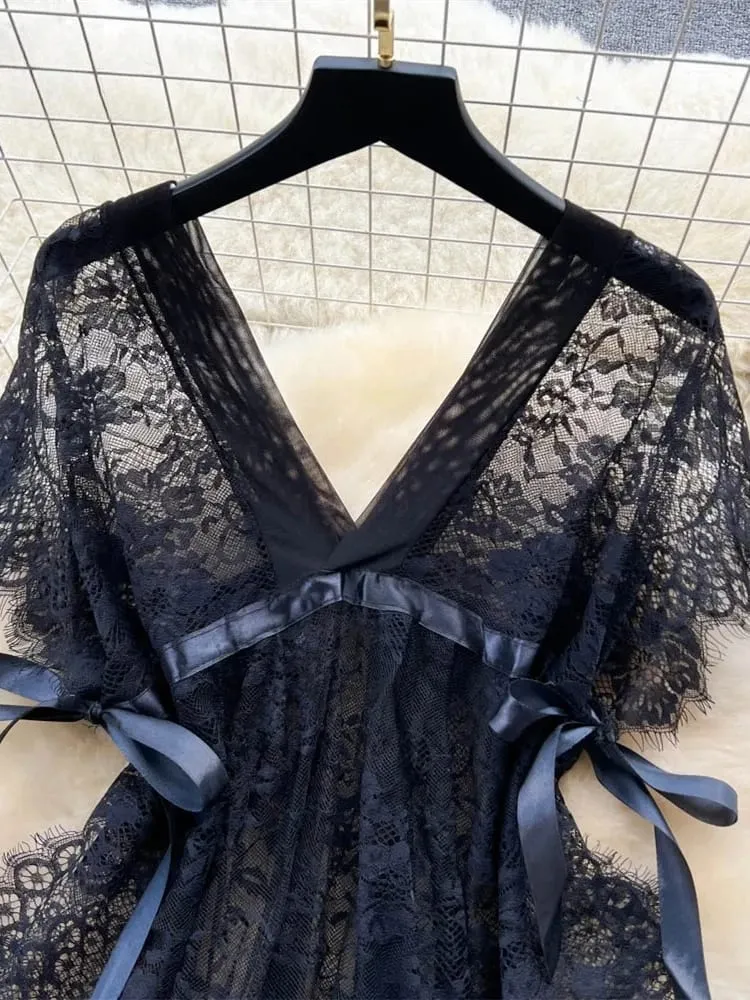 Fashion Lace Mesh Sensual Comfortable Mini Dress Women V Neck Lace-up Black Dress Sexy Party Hotsweet New — image 2