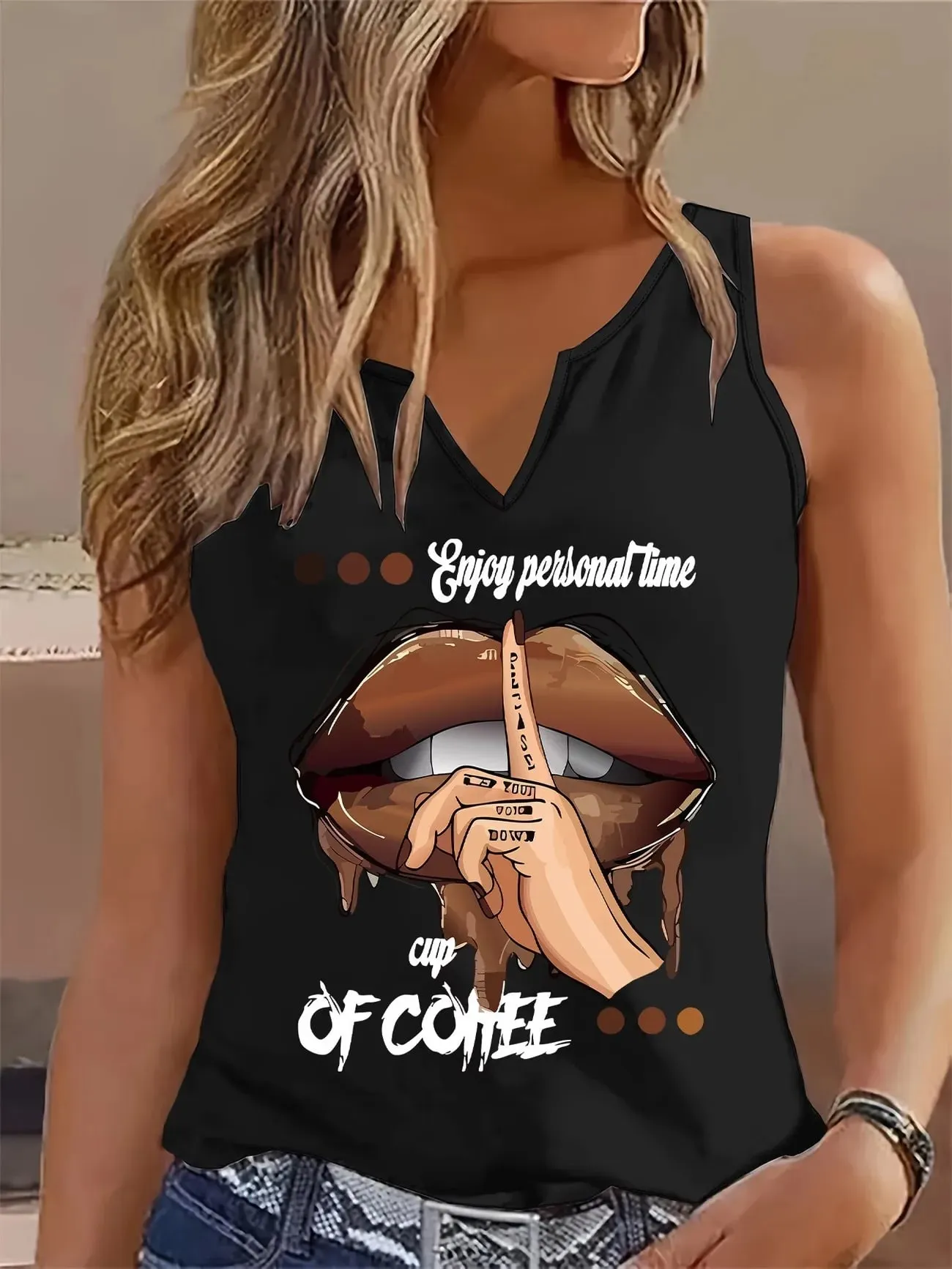 Funny Ulzzang Lips Graphic Tílko bez rukávů Tričko s výstřihem do V Hip-hop Vesta Trička Dámské Tričko Gotické topy s výstřihem do V