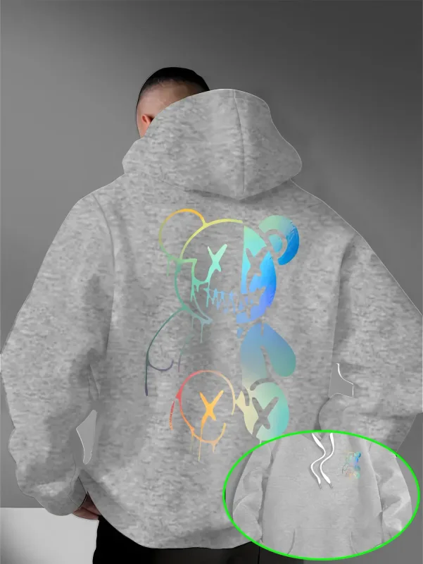 Loose Oversized Men Hoodies Holographic Split Evil Bear Front Back Dual Print Pullover Sweatshirt Dark Street Daily Hooded Tops — image 9