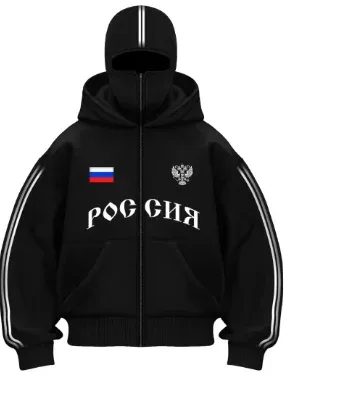 Hip Hop Ansiktsskydd Huvtröja Unisex Lös Svart Zip Up Sweatshirt Örn Flagga Tryckt Design
