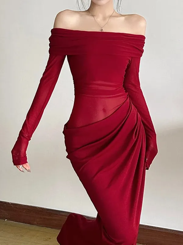 Nibber Sexy Dress Women 2025 Spring Patchwork Mesh Elegant Slash Neck Ruched Fit Chic Birthday Party Festival Bakasyon Vestidos — image 5
