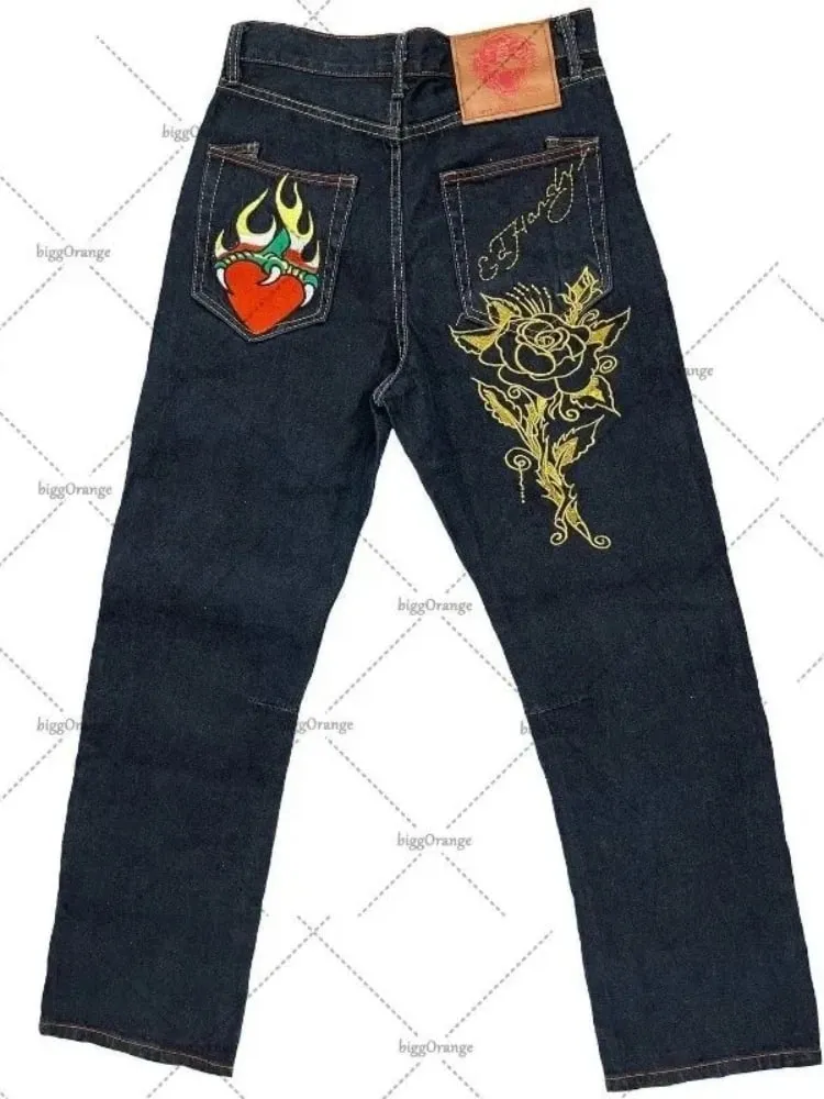 Mens Jeans Streetwear Y2K Vintage Straight Leg Denim Pants Skull Rose Flame Print Design Loose Fit Retro Punk Hip Hop Fashion — image 3