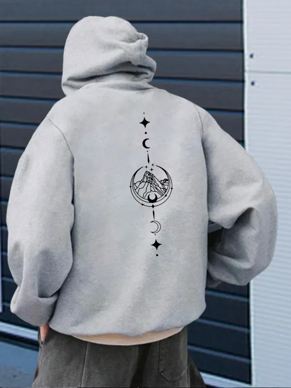 Men Celestial Mountain Back Print Hoodie Moon Star Vertical Line Art Graphic Hooded Sweatshirt Casual Outdoor Streetwear Kangaro