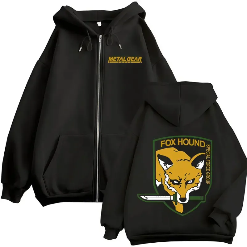 Engrenagem de metal sólido jogo fox hound logotipo impressão zíper hoodies roupas masculinas femininas moda pullovers zip up moletom com capuz jaquetas — image 1