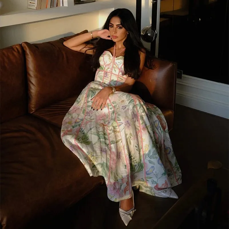 Feminino retro floral impressão espartilho maxi vestido sexy sem mangas halter pescoço flowy vestido longo senhora verão férias namoro streetwear — image 7