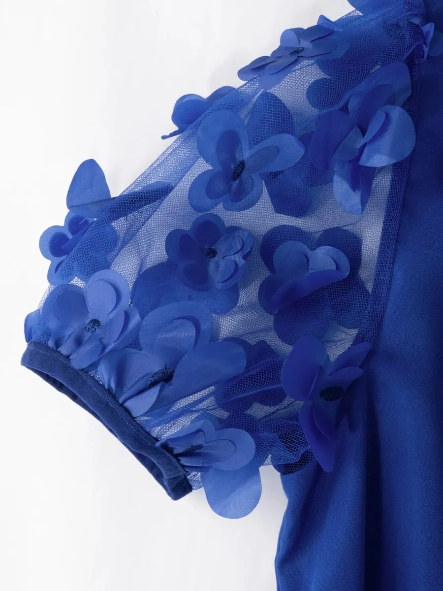 Women PuffSleeve ShirtCollar RoyalBlue 3DFloral HiLoHem Midi Dress ElegantRetro SpringSummer Chic Party Club Lightweight Dress — image 3