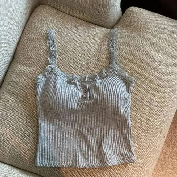 Sexy White Knit Camisole Lace Tank Top Cropped Vest Women's Sleeveless Crop Tops with Chest Pad Y2k Cute Summer Slim Undershirt — image 10