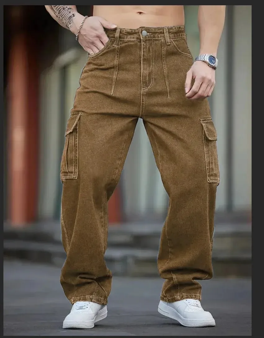 Men's Deep Blue Washed Denim Workwear Jeans Casual Multiple Pockets Design Loose Wide Leg Trousers Y2K Style Cargo Pants — image 5
