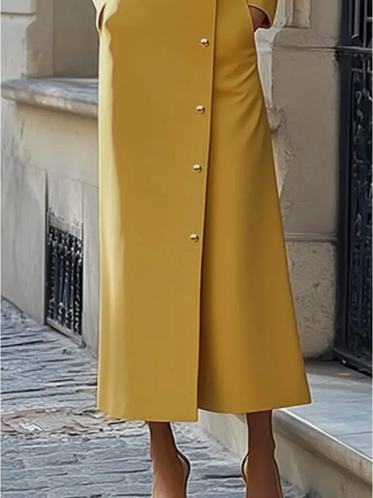 Freeacy feminino amarelo gola mandarim diagonal manga longa abotoado maxi vestido para convidados do casamento 2026 vestido de escritório de luxo — image 3