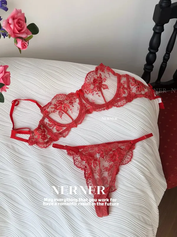 French Style Mesh Embroidery Lace Bra Set With Underwire Slightly Sheer Thin Lingerie Minimizer Bra For Big Bust S-XL
