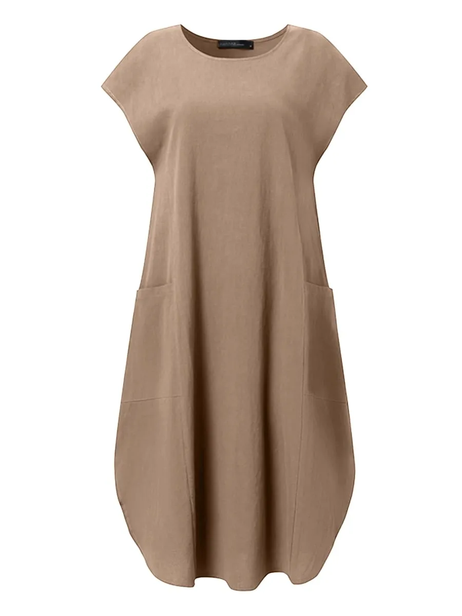 Summer Casual Cotton Dress for Woman O-Neck Short Cap Sleeve Loose Cotton Knee-Length Dress Vacation Day Wear Robes Femme — image 5