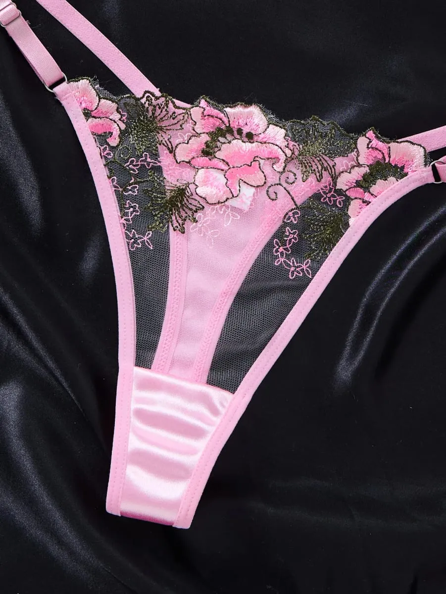 Women Floral Embroidery Lace Lingerie Set Push‑Up Bra & Thong Mesh Satin Intimate Underwear for Daily Nightwear ZA825146 — image 5