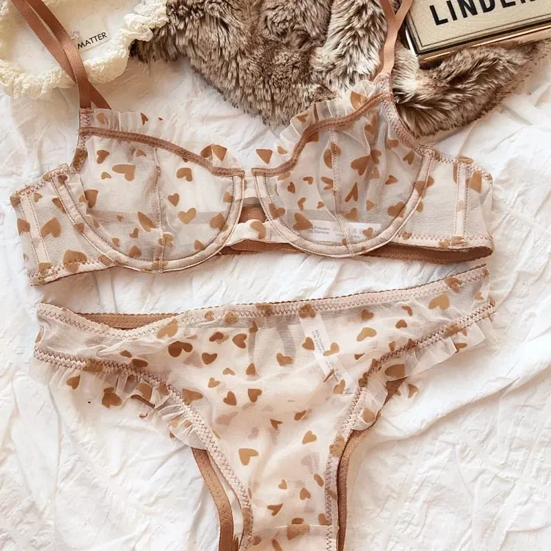 2 peças conjunto de lingerie sexy ultra fino respirável sutiã para mulher push up sutiã conjunto verão malha romântico pêssego coração íntimos — image 14